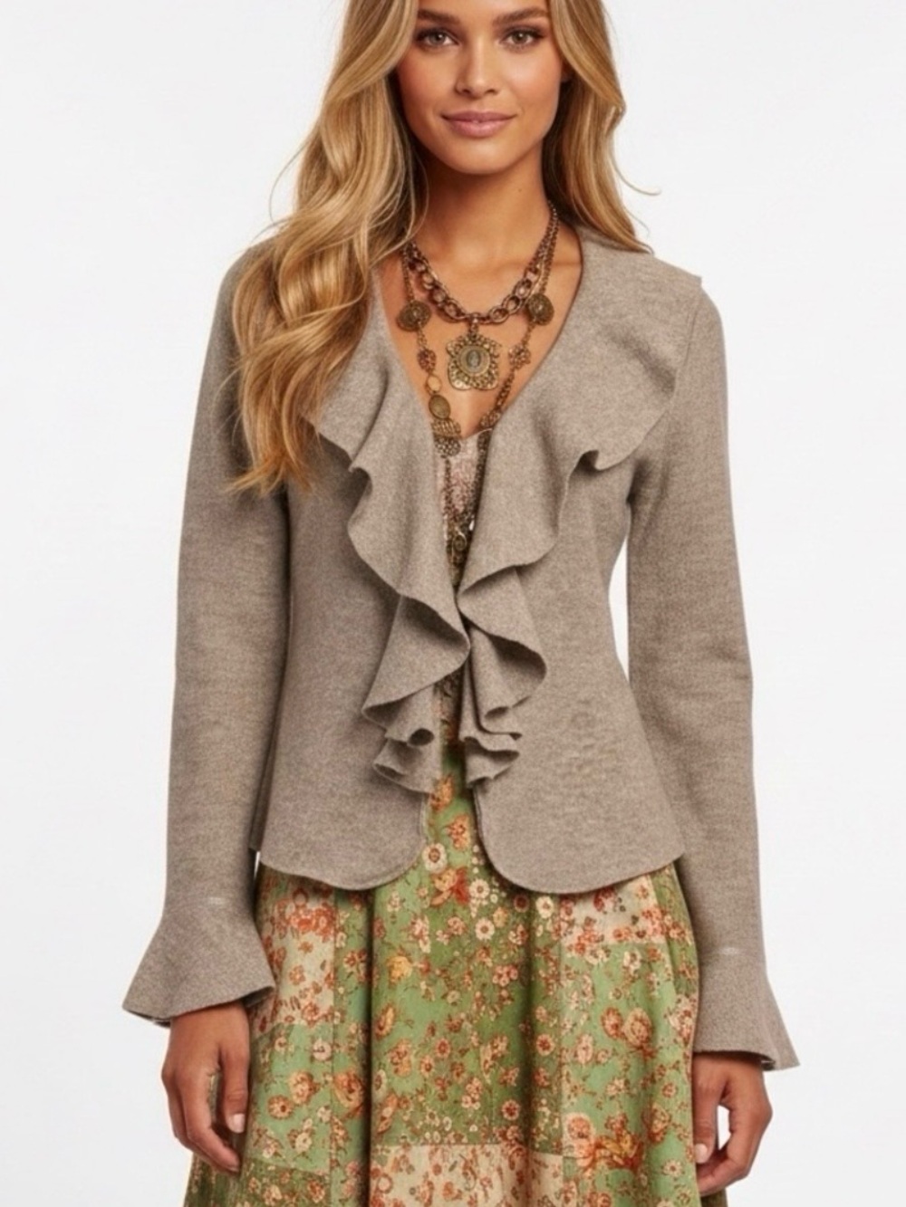 VTG Susan Bristol 100% Wool  Ruffle Cardigan Sz S Fairy Grunge Cottage Prairie